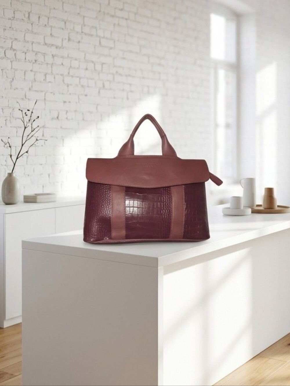 Madison West Two-Tone Burgundy Croc-Embossed Top-Handle Satchel